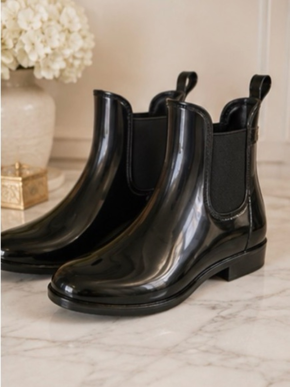 Sam Edelman Black Glossy Chelsea Rain Booties